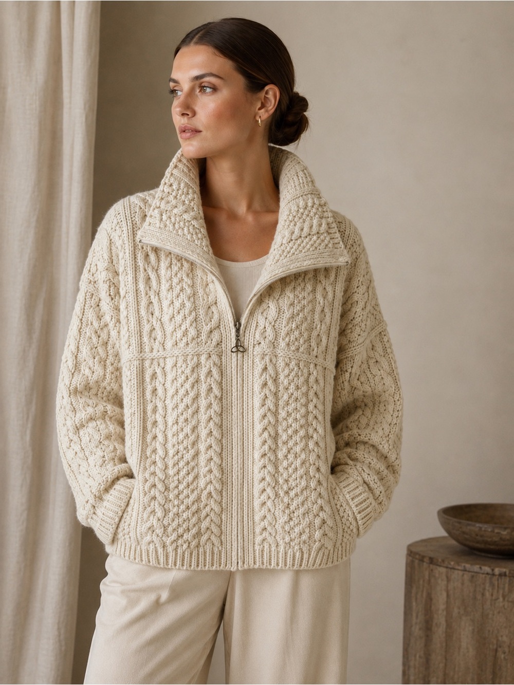 Aran Crafts Cream Cable-Knit Zip-Front Sweater size XL (see measurements)